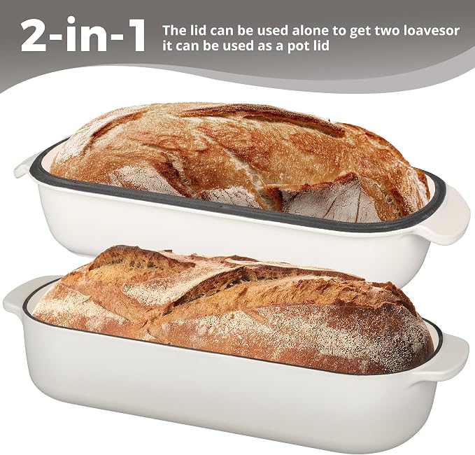 EDGING CASTING Enameled Cast Iron Loaf Pan with Lid, Bread pan, Dutch Oven Bread pan for Homemade Sourdough Bread Baking, 12.5x5.5 inch, 5qt, White