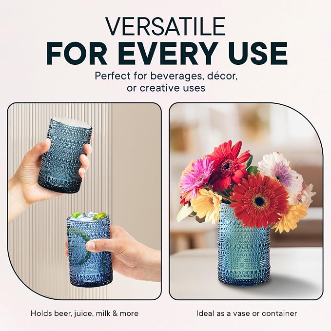 15 OZ Hobnail Drinking Set, Cornflower Blue, 12-Piece | Vintage Embossed Glassware, Textured Tumblers, Includes Straws and Coasters, For Water, Beer, Cocktails, Whiskey