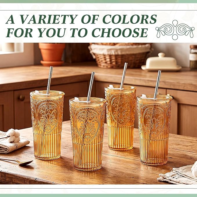4 Set 20oz Vintage Plastic Tumbler with Lids and Straws Ribbed Floral Drinking Glasses Reusable Iced Coffee Cups for Water Juice Smoothie Cocktail Travel Party Events Gift (Amber)