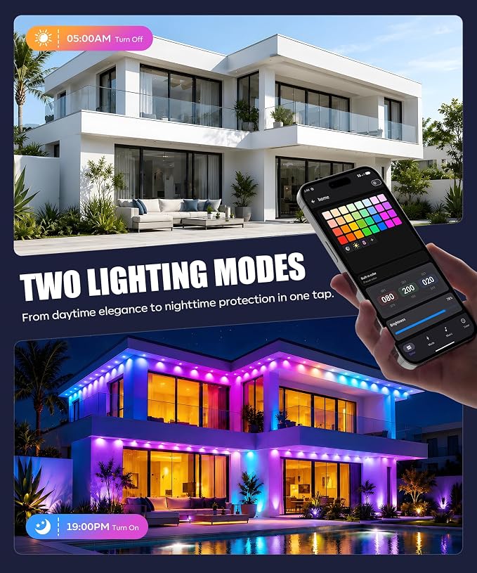 POOFZY Permanent Outdoor Lights 100FT, RGBIC Smart Outdoor Lights for House, App & Voice Control, Waterproof Outdoor Eave Lights for Christmas Holiday Patio Yard Decor