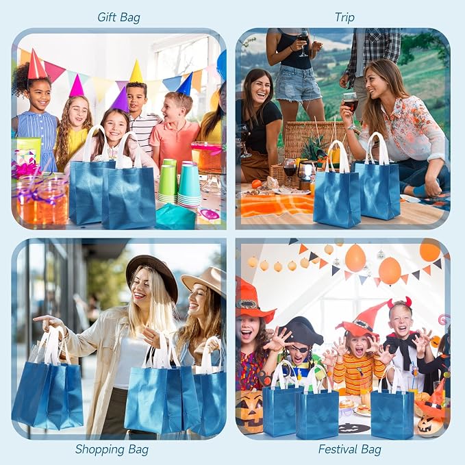 Eccliy Reusable Gift Bags Set Glossy Grocery Gift Tote Bag with Handle for Wedding, Bridal Shower, 4th of July, Summer Event(10 x 8 x 4.7 Inch,Lake Blue,80 Pcs)
