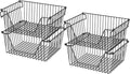 Stackable Wire Metal Baskets Sturdy Cabinet Organizer Wire Pantry Freezer Bin with Handle for Kitchen Pantry Fruit Vegetable Organization, Black, 4Packs