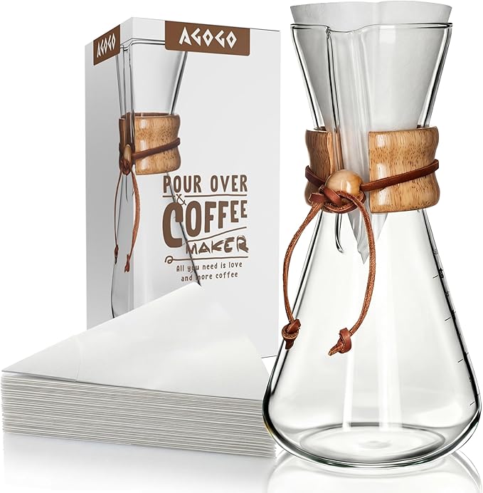 AGOGO Pour Over Coffee Maker Glass with 50pcs Paper Filters -for Home, Office, Camping, Cafes - Easy Clean Coffee Dripper Set (Soft Towel&Brush)(20oz Slim Shape w/Paper Filters)