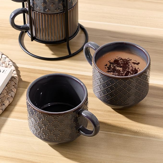 JIEMEI HOME Large Ceramic Coffee Mug Set of 4 with Stand, 15 Oz Stackable Embossment Ribbed Latte Cup Set for Cappuccino, Latte, Tea, Hot Cocoa, Drinks - Dishwasher & Microwave Safe, Dark Purple