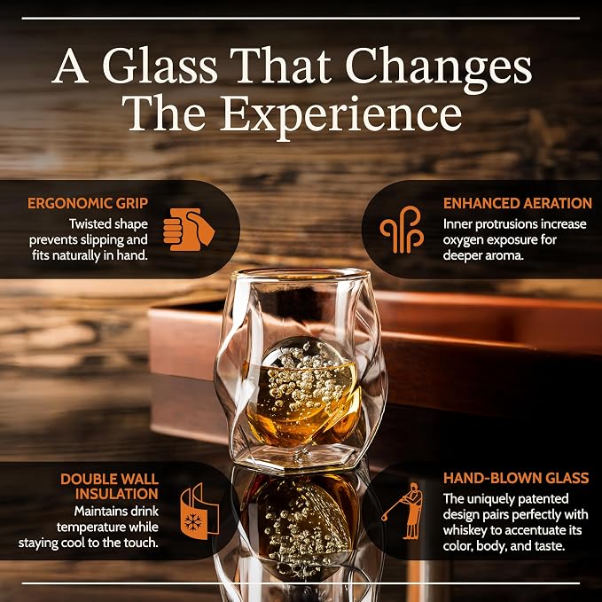 JAMES BENTLEY JB Whiskey Glasses – Double Wall, Hand Blown Borosilicate Glass, Enhances Aroma and Flavor, Premium Quality for Bourbon & Whiskey Tasting — Set of 2 Glasses with 2 Ice Ball Molds