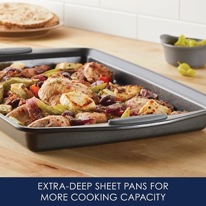 Rachael Ray Bakeware Nonstick Cookie Pan Set, Gray with Sea Salt Gray Silicone Grips, 3-Piece