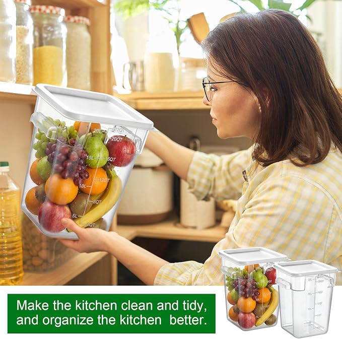 FoldTier 2 Pieces Square Food Storage Containers Polycarbonate Clear food Container with Lid Commercial Storage with Graduations for Commercial Kitchen Dough Marinating Meat(White,22 Qt)