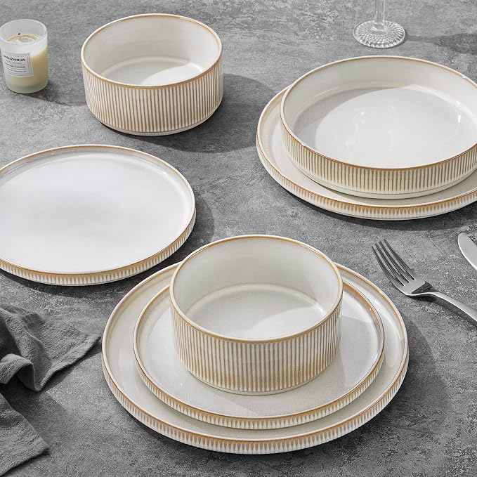 LIANYU 8 Piece Stoneware Plates and Bowls Dishes Set for 2, Dinnerware Sets with Pasta Bowls, Ribbed Dining Ware Dishware for Home Wedding, Microwave and Dishwasher Safe, Dawn Beige