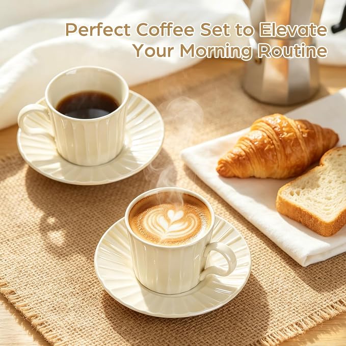 Ceramic Coffee Cup, 8 oz Cappuccino Cups with Saucers, Coffee Cup Set for 4, Pearl Glaze Coffee Cup and Saucer Set for Latte, Mocha, Tea, Café, Dishwasher and Microwave Safe (Pearl White / 200 ml)