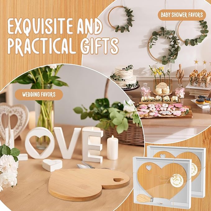 Maxcheck 12 Set Bridal Baby Shower Favor Heart Shaped Charcuterie Board Bulk 7x5inch Mini Cheese Board Gift with Knives Thank You Tag for Guest Birthday Bridal Wedding Baby Shower Prize (Bamboo Color)