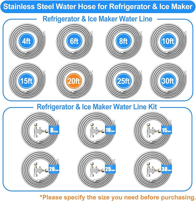 Refrigerator water line (2Pcs) - 20 FT + 30 FT Premium Stainless Steel Braided Ice Maker Water Hose,Food grade PEX Inner Tube Fridge Water Line with 1/4" Fittings for Refrigerator Ice Maker