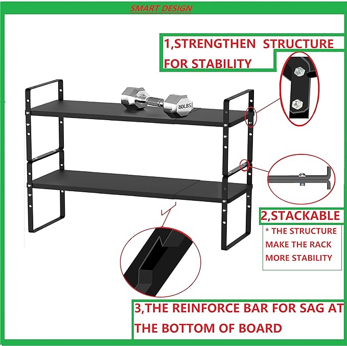 Jojocross Expandable Stackable Spice Rack Cabinet Shelf Organizer in Cabinets Shelves Kitchen Cupboard Organization Stack up Racks Pantry Countertop Storage Medium/Black 2 Packs