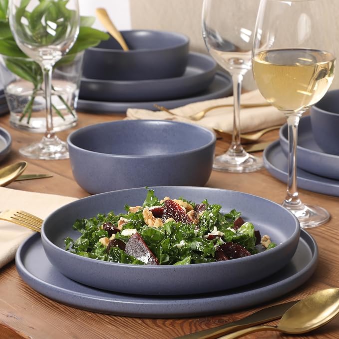 Gibson Elite Bayou Moon Plates and Bowls Sets, 16-Piece Blue Matte Stoneware Dinnerware Sets, Solid Color Reactive Glaze Dish Set