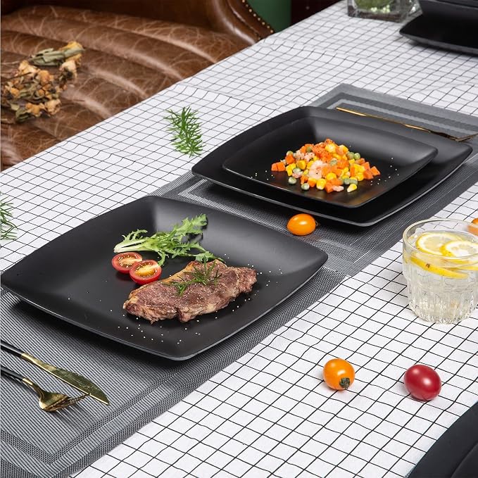 Melamine 12pcs Classic Square Dinnerware Set, Concise Plates and Bowls Set, Service for 4, Dishwasher Safe Black