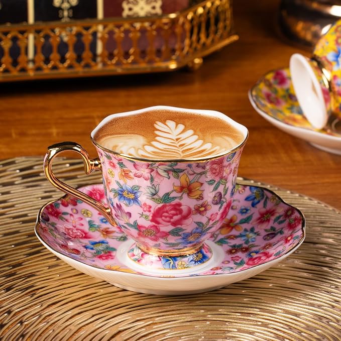 KAMMAK Tea Cups and Saucers Set of 2, Porcelain Coffee Cups, 6.3oz Stackable Espresso Mugs, Ceramic Demitasse for Coffee, Latte, Americano, Tea (645N+646N)