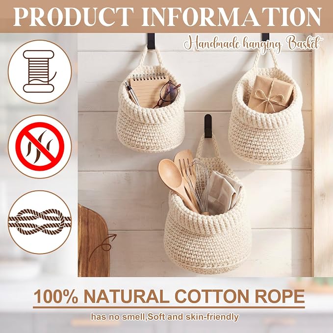Honeydak Boho Decor Hanging Wall Baskets for Kitchen 3 Pack Teardrop Baskets with Hooks Storage Fruit Onion Vegetable Potato for Home 3 Sizes(White,Barrel,Cotton Rope)