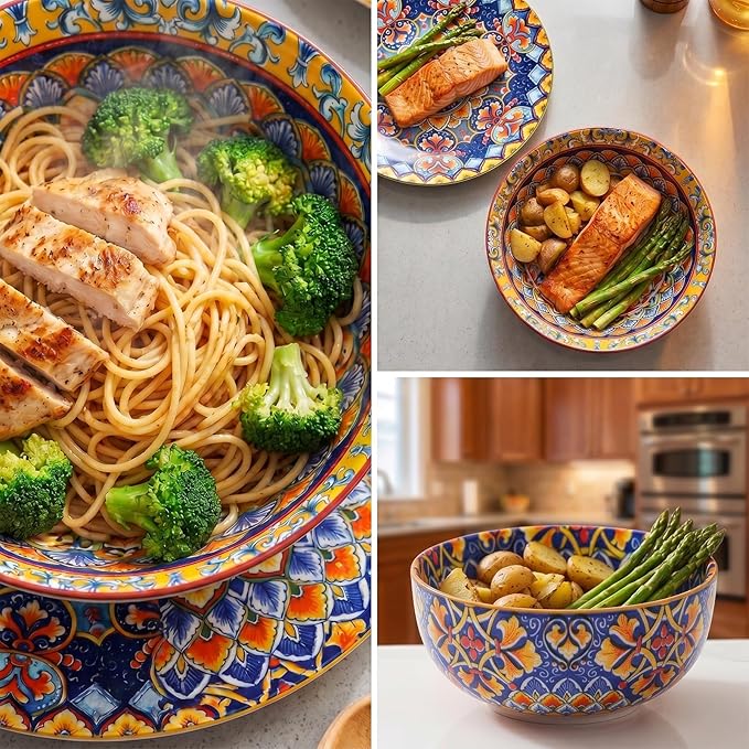 12-Piece Bohemian Porcelain Dinnerware & Dish Sets for 4 – Microwave & Dishwasher Safe, Scratch & Chip Resistant, Colorful Ceramic Plates & Bowls for Kitchen, Wall Decor & Housewarming Gift