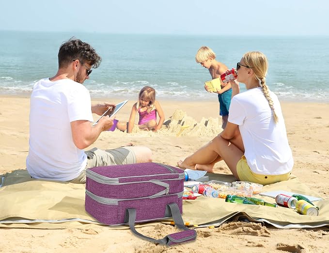 MIER Insulated Double Casserole Carrier Thermal Lunch Tote for Potluck Parties, Picnic, Beach, Fits 9 x 13 Inches Casserole Dish, Expandable by Mid Zipper, Purple