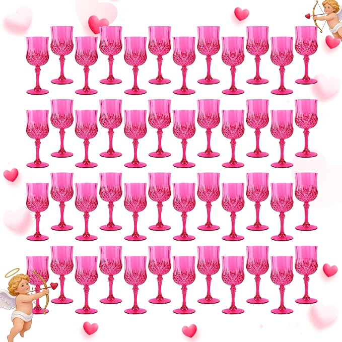 Plastic Wine Glasses, Plastic Goblets Vintage Style Cordial Unbreakable Drinking Glasses, Reusable Drinkware for Wedding Reception, Grand Event Party Supplies (48, Hot Pink)