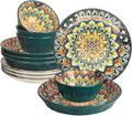 YA JU Mandala Dinnerware Sets (12 Pcs) Serves 4, Buffet Dinnerware, Boho Plates and Bowls Dish Set with 8" salad Plate 8" Dessert Plate 4.8" bowl, apply Casual dining Indoor Outdoor Dining Party