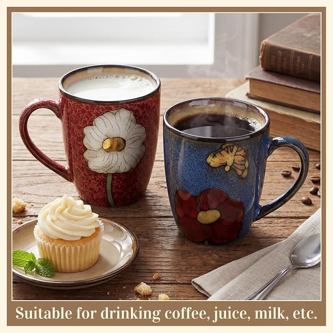 Maxdot 2 Pcs 12oz Ceramic Coffee Mugs Sets Glazing Process Cappuccino Mug Floral Ceramic Tea Cups Idea Gift Set for Women Porcelain Cup for Coffee, Cocoa, Tea, Latte (Retro) (Rustic)