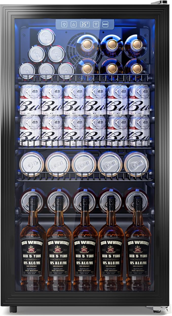 Tehanld Beverage Fridge, 130 Can Mini Fridge With Glass Door, Beverage Cooler Refrigerator, Wine Drink Beer Cooler, Adjustable Shelves & Digital Temperature Display
