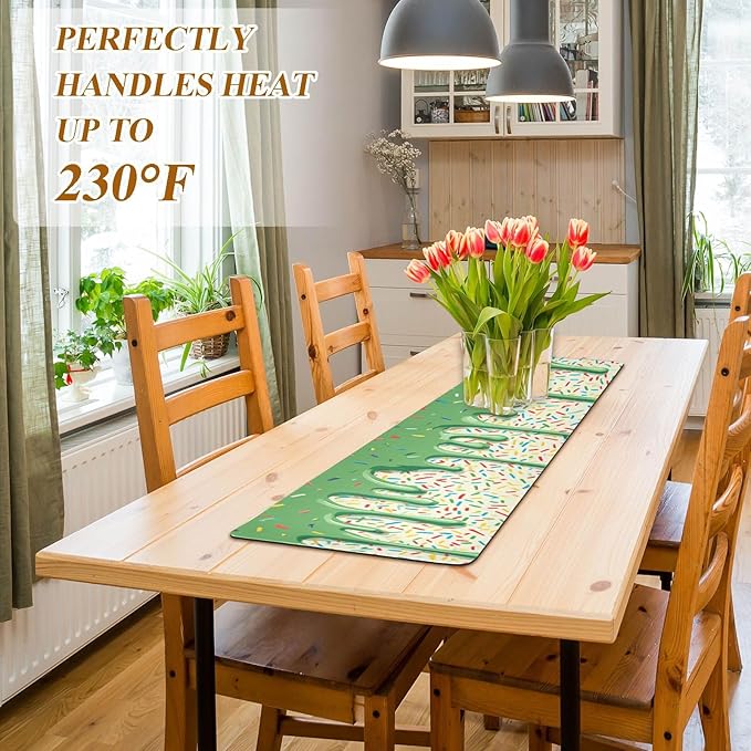 2 in 1 Table Runner Trivet for Hot Pots and Pans Heat Resistant Non Slip Waterproof 39 x 12 Inch Decorative Table Protector for Kitchen Countertop Green Ice Cream Dripping