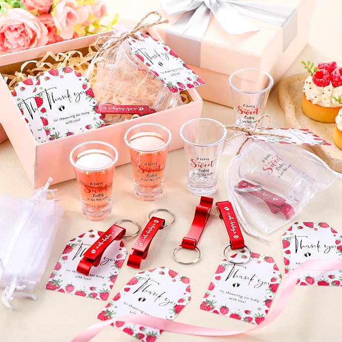 50 Sets Baby Shower Favor for Guests Acrylic Shot Glasses with Bottle Opener Keychains Thank You Tags and Bags Gender Reveal Party Favors for Guest Baby Shower Return Gift(Strawberry)