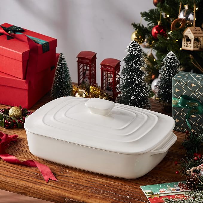 Large Ceramic Casserole Dish with Lid, 4.0 Quart Covered Rectangular Stoneware Baking Dishes for Oven, Deep 9x13 Inch Lasagna Pans for Baking and Serving, Perfect for Christmas, White
