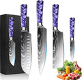 5-Piece Premium Japanese Kitchen Knife Set - Star Collection, Laser Damascus Pattern, 440A Stainless Steel Ultra Sharp for Fast Cutting (Purple 5A)