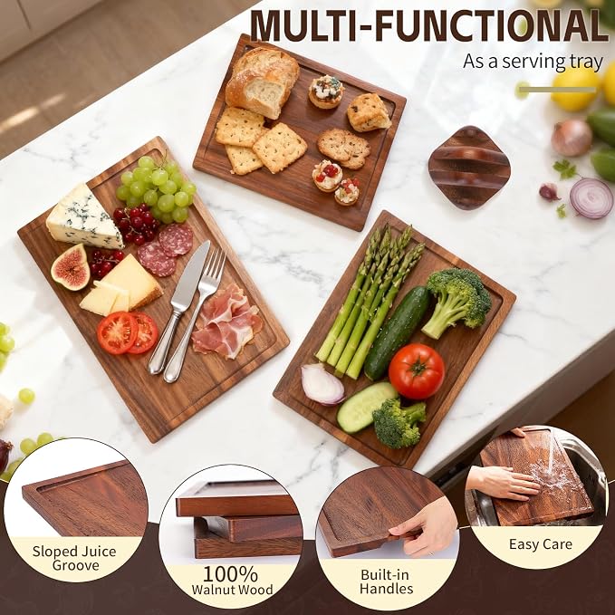 Walnut Cutting Board Set of 3 Handmade Wooden Chopping Boards with Holder, Deep Juice Grooves Side Handles Reversible NonToxic Serving, Gift for Mother's Day, Housewarming Wedding