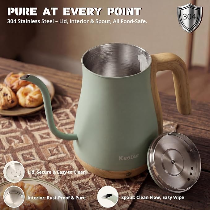 Electric Kettle, Electric Tea Kettle Stainless Steel, Gooseneck Electric Kettle, 1000W Hot Water Kettle Electric Auto Shut Off, 0.8L, Wood-like Grain Finish Handle, Light Green