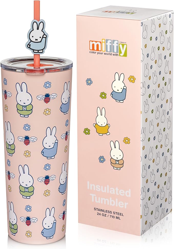 Dragon Glassware | Miffy Stainless Steel Tumbler with Straw, 24 oz - Pink | Vacuum Insulated Stainless Steel Tumbler with Straw & Lid; Double Walled Tumbler with Straw Charm; Miffy Cup with Lid