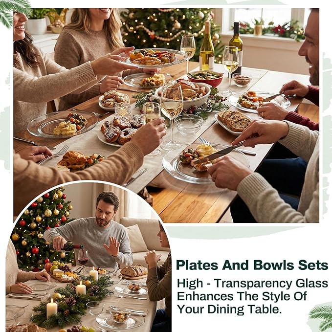 Havawish 12 Pcs Glass Dinnerware Set Sleek Round Clear Glass Plate and Bowl Sets for Dessert, Salad, Fruit, Dishwasher, Microwave Safe Kitchen Dining