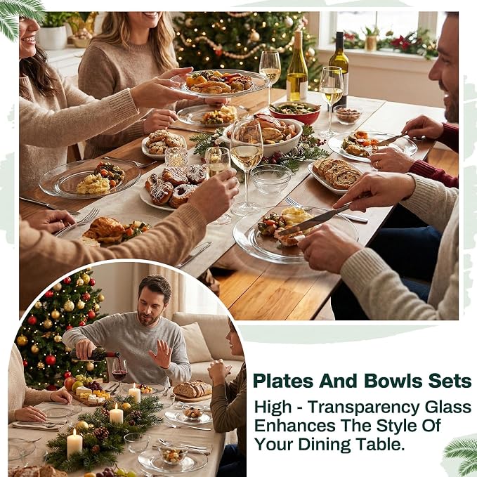 Havawish 18 Pcs Glass Dinnerware Set Sleek Round Clear Glass Plate and Bowl Sets for Dessert, Salad, Fruit, Dishwasher, Microwave Safe Kitchen Dining
