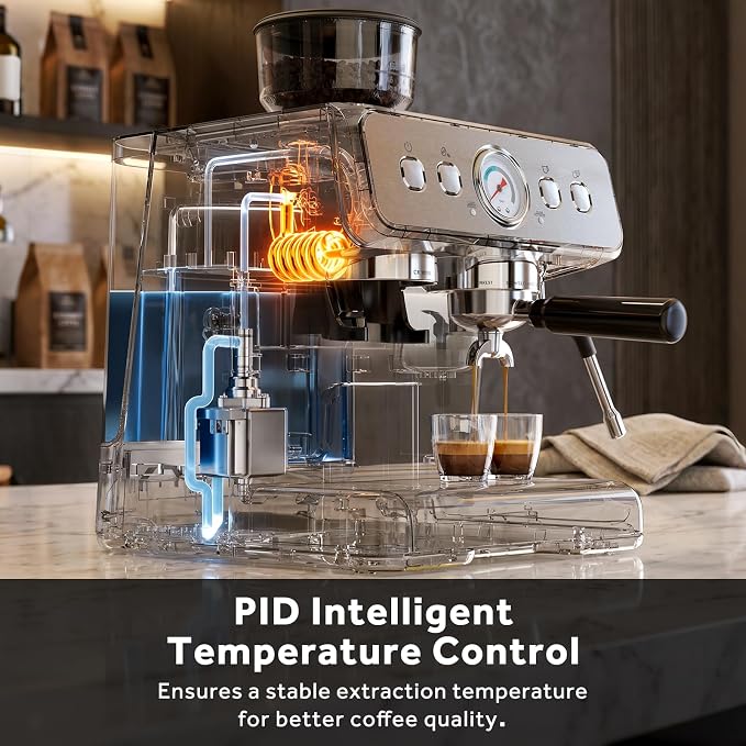 Espresso Machine with Grinder, 20 Bar Espresso Maker with Milk Frother, PID Temperature Control, 30 Grind Settings, Removable Water Tank, Stainless Steel Coffee Machine for Cappuccino, Latte