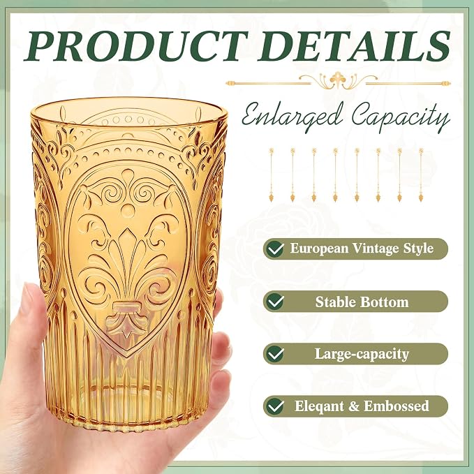 48 Pcs 16 oz Plastic Vintage Drinking Glasses Stemless Ribbed Highball Glasses Bulk Embossed Reusable Cup for Water Beer Cocktails Juice Wedding Bridal Shower Birthday Event Party (Amber)