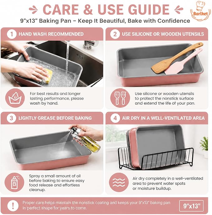 9x13 Inch Baking Pan 2 Pack, Heavy Duty Carbon Steel Lasagna Pan, 2.5 Inch Deep Nonstick Rectangular Cake Pans for Brownies, Casserole & Roasting, Pink Exterior with Gray Interior