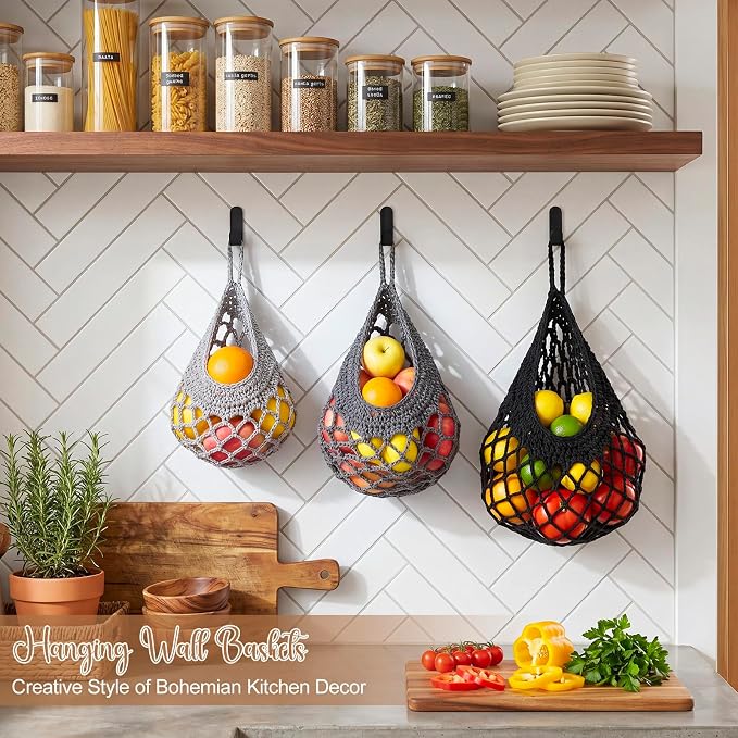 Honeydak Boho Decor Hanging Wall Baskets for Kitchen 3 Pack Teardrop Baskets with Hooks Storage Fruit Onion Vegetable Potato for Home 3 Sizes(Light Grey, White, Dark Grey,Crochet,Cotton Rope)