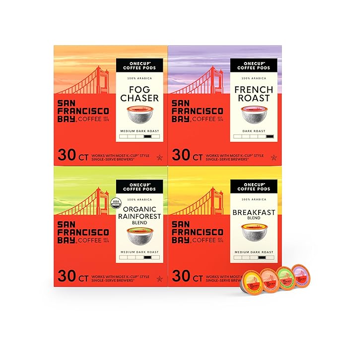 San Francisco Bay K-Cup Coffee Pods Favorite Four Variety Pack (120 ct), Includes French Roast, Fog Chaser, Organic Rainforest, & Breakfast Blend, Commercially Compostable Single-Serve Coffee Pods