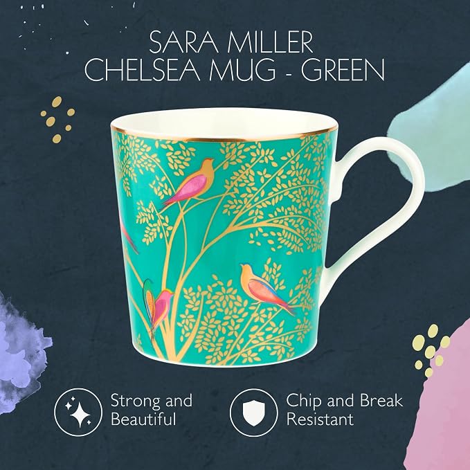 Portmeirion Sara Miller London Chelsea Mug, Green | 12 Oz Cup for Drinking Tea, Coffee, and Hot Cocoa | Made from Fine China with Gold Detail | Handwash Only