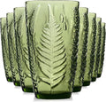 Green Drinking Glasses Set of 8, 16 oz Vintage Hand-Pressed Glass Cups, Fern Textured Highball Tumblers, Antique Style Boho Glassware for Water, Juice, Cocktails & Mocktails, Housewarming Gift Set