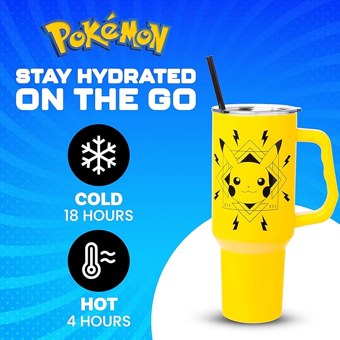 Silver Buffalo Pokémon Featuring Pikachu Lightning Double Walled Stainless Steel Tumbler with Handle, Fits in Standard Cup Holder, 40 Ounces