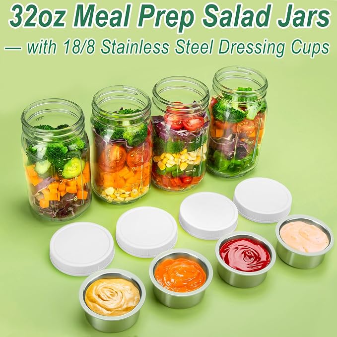 KTKUDY 4 Pack 32 oz Glass Salad Jars with Dressing Cups (Pod) - Meal Prep Salad Container for Lunch - Leakproof Mason Jars with Lids