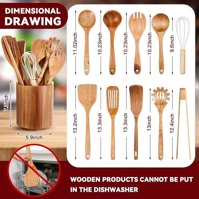 SiliFine 11 Pcs Wooden Kitchen Utensils Set with 360° Straight Rotating Holder Acacia Wood Cooking Utensils with Cooking Spoons Spatulas Nonstick Cookware Countertop Kitchen Decorations(Natural)