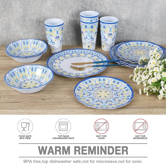 Melamine Dinnerware Set for 4-16 Pcs:Camping Dishes Set with Dinner Plates,Salad Plates, Bowls and Cups.Lightweight and Unbreakable.Indoor and Outdoor Use.