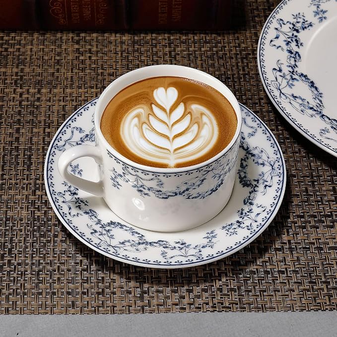 fanquare 8 oz Blue Floral Coffee Cup and Saucer Set, Hand-Printed Bow Flower Procelain Tea Cups for Espresso Latte Cappuccino Home Tea Party Gifting