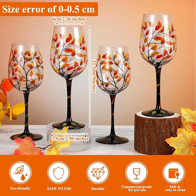 SiliFine 4 Pcs Autumn Fall Leaves Theme Party Stemmed Wine Glasses Hand Painted Drinking Cup Wine Glasses Gifts for Birthday Theme Holiday Party Supplies