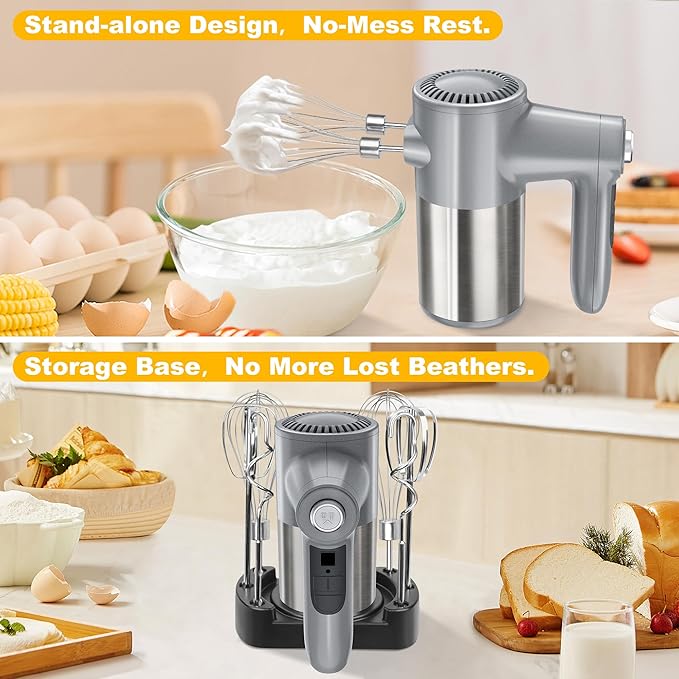 Cordless Electric Hand Mixer, 7 Speed Rechargeable Wireless Handheld Mixer with Eject Button, Long Battery, Quiet Anti-Splash, 6×304 Stainless Steel Attachments & Storage Base for Baking (Silver)