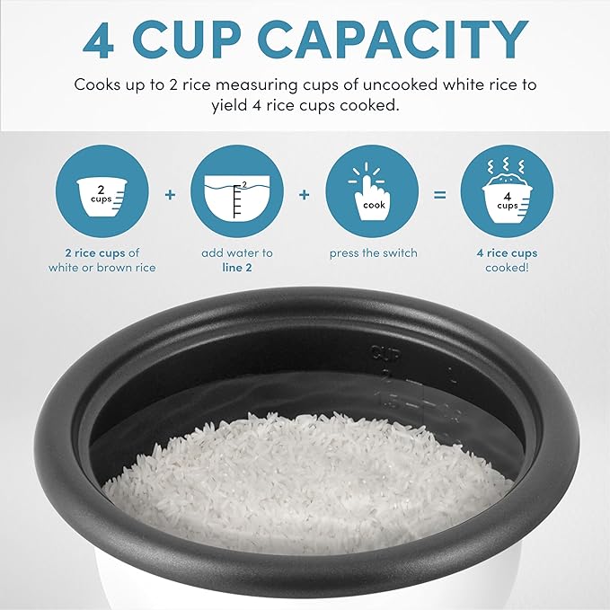 AROMA® Rice Cooker, 2-Cup (Uncooked) / 4-Cup (Cooked), Steamer, Grain Cooker, Soup Maker, Oatmeal Cooker, Auto Keep Warm, 1 Qt, White, ARC-302-1NG